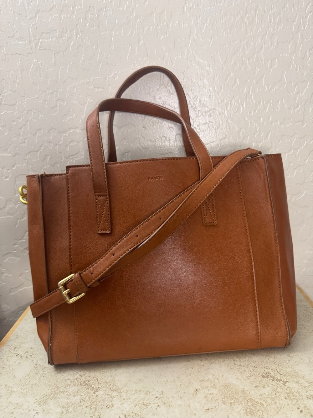 Fawn Design Cognac Leather Tote with Shoulder Strap